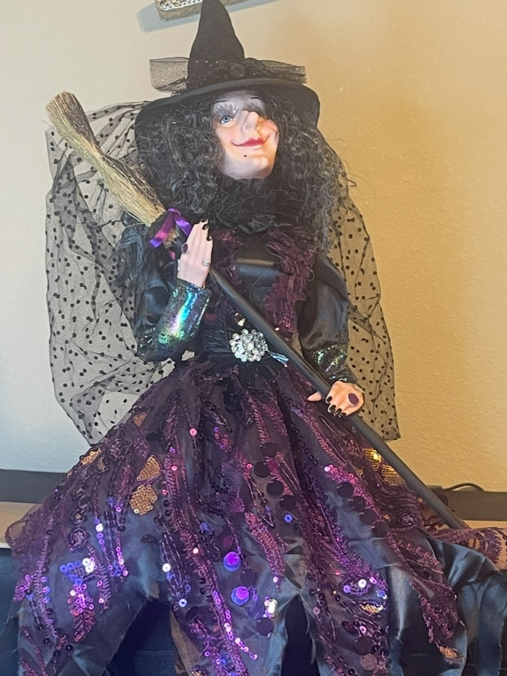 31” Halloween Gothic Wicked Witch Shelf Sitter Doll Purple Sequins w/Broom Stick